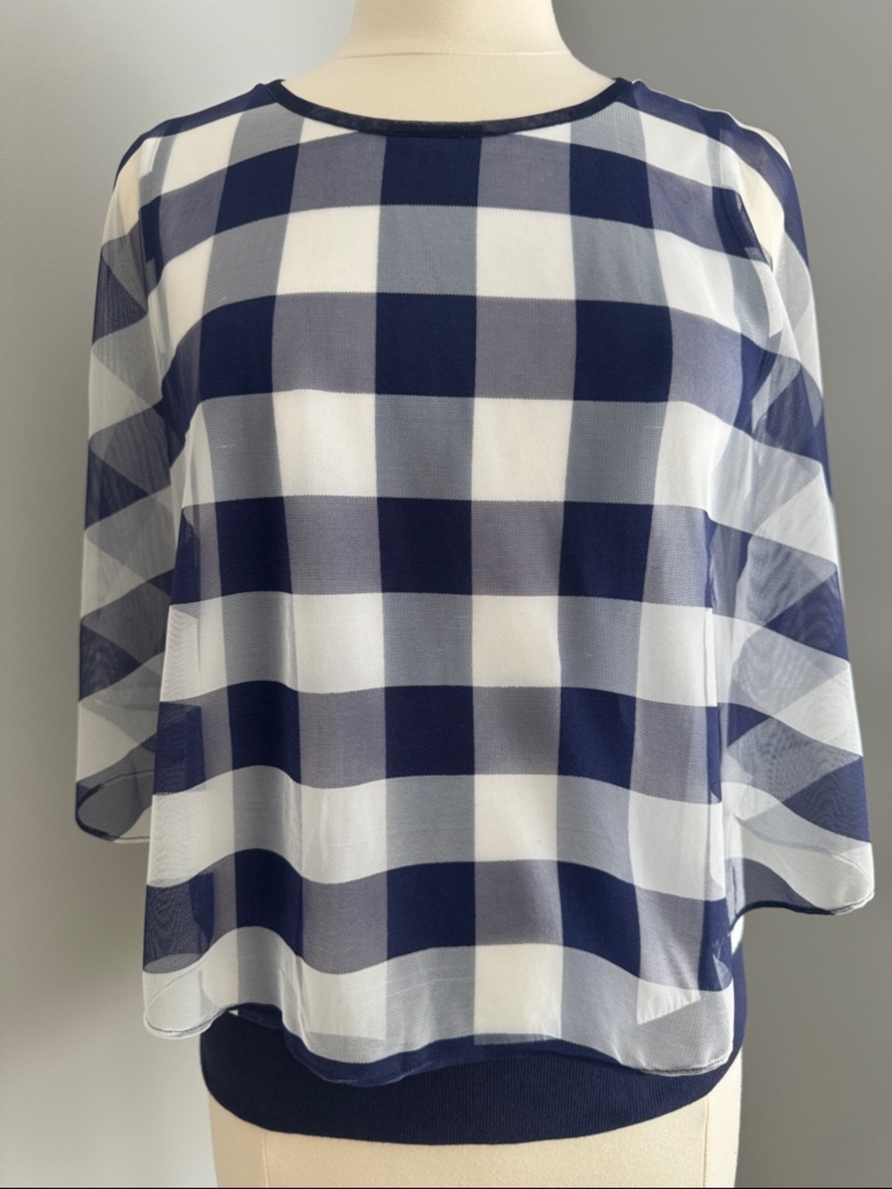 Anthropologie 9-HIS S’CL Checkered Layered Top - White/Navy, Size M